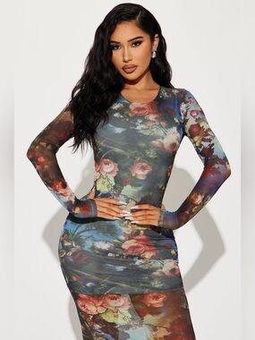 Floral Mesh Bodycon Dress - Teal Floral